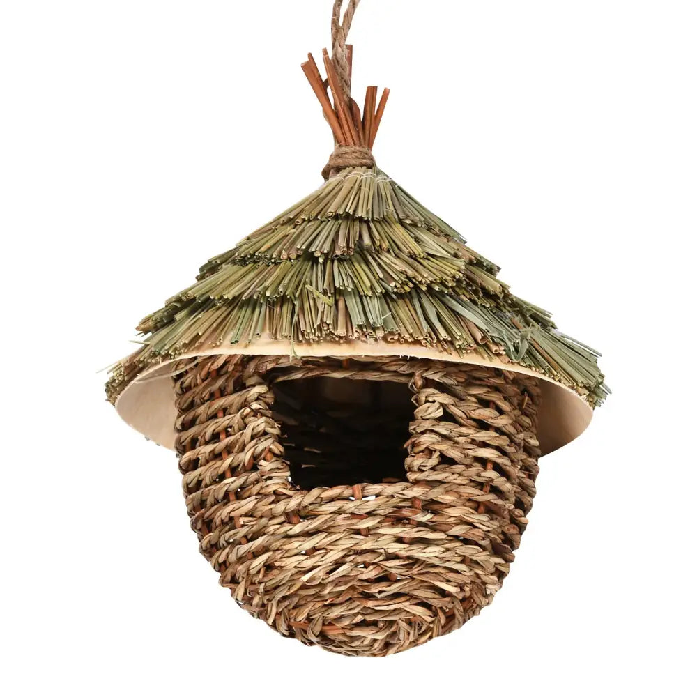 DecorBites natural grass bird cage with handwoven thatched roof in earthy brown tones for outdoor decor