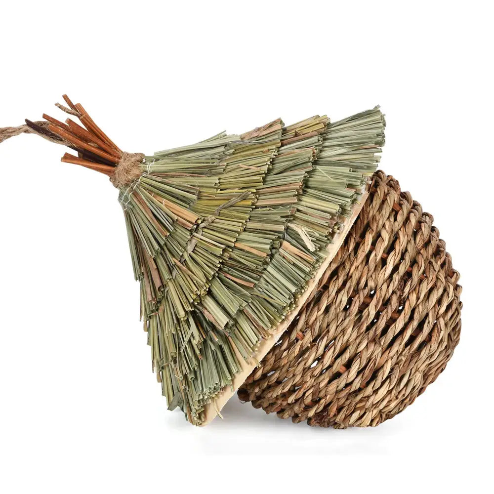 Handwoven acorn-shaped pet toy made of natural grass and twine for bird cage and outdoor decor use