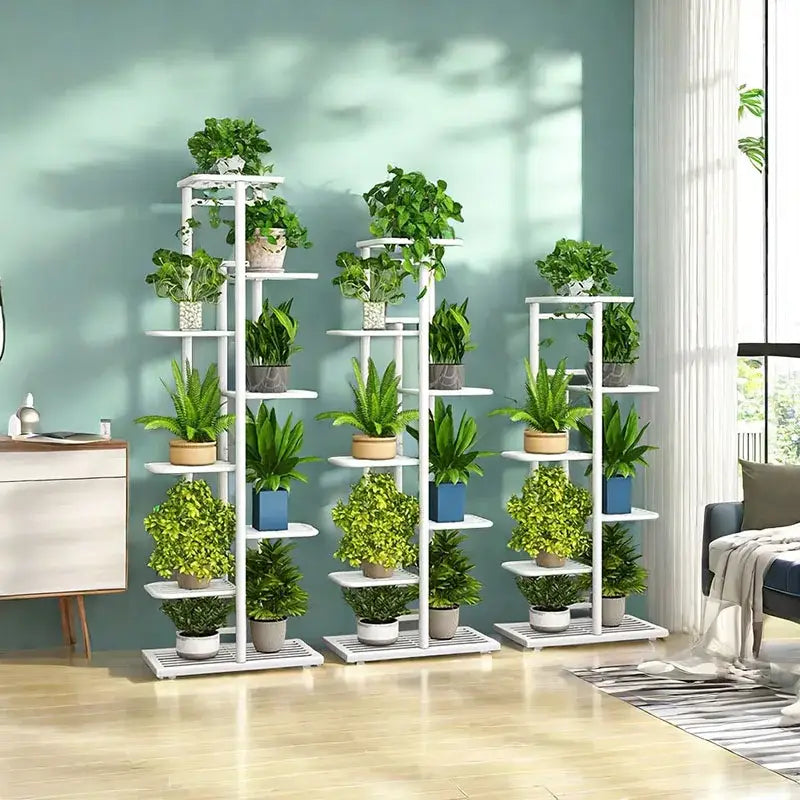White natural iron plant stand with multiple tiers holding potted green plants in colorful pots DecorBites iron plant stand