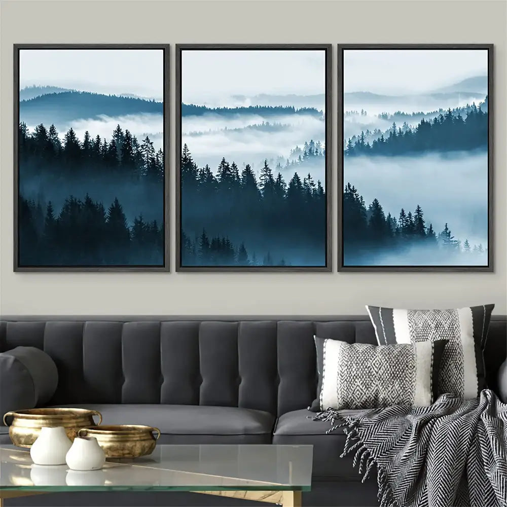 DecorBites™ nature landscape canvas print set with three blue and gray misty mountain forest panels in black frames