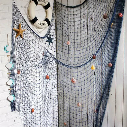 Decorbites™ nautical theme wall decor featuring a blue fishing net decoration with colorful seashells and starfish accents