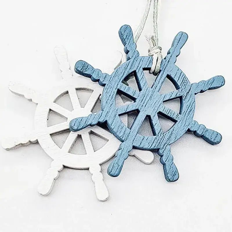 Decorbites™ blue painted wooden ship wheel ornament with white string loop for hanging nautical theme wall decor fishing net decoration