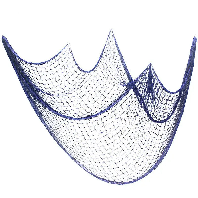 Decorbites™ nautical theme wall decor featuring a dark blue hexagonal mesh fishing net decoration with frayed edges
