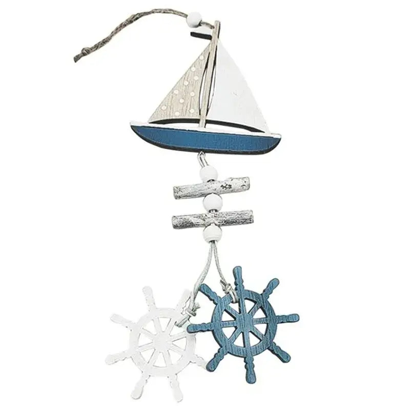 DecorBites™ nautical theme wall decor wooden ornament with white and blue sailboat and matching ship wheels, ideal fishing net decoration
