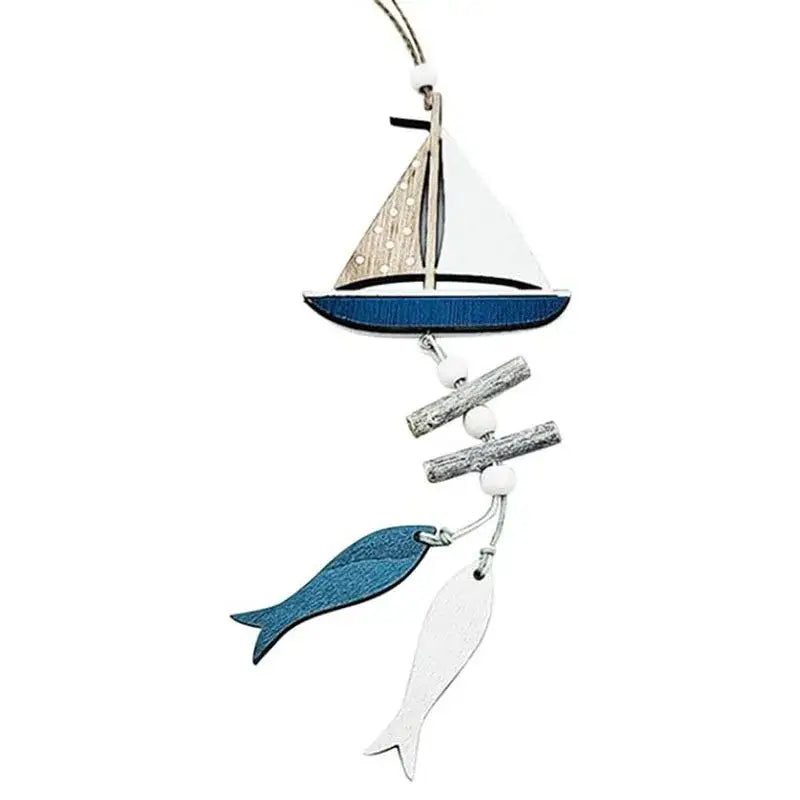 Decorbites™ nautical theme wall decor featuring a blue wooden sailboat ornament with fishing net decoration charm