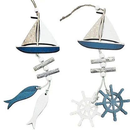 Decorbites™ nautical theme wall decor featuring wooden sailboat ornaments with blue white sails and fishing net accents