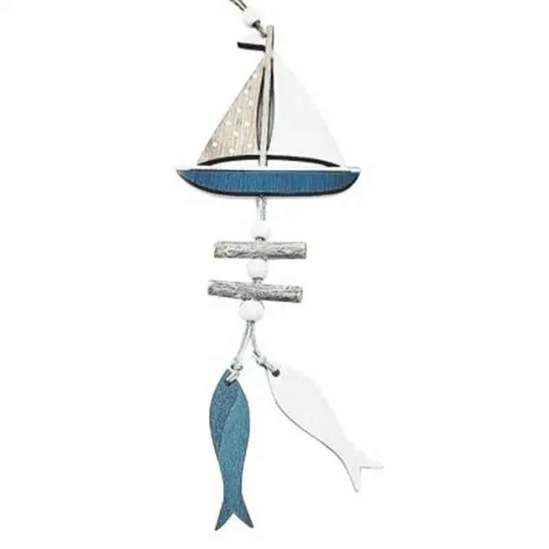 Decorbites™ nautical theme wall decor wooden wind chime with sailboat, white gray sail, blue hull, and teal white fish fishing net decoration