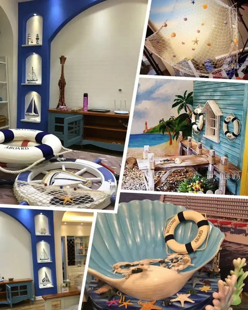 Decorbites™ nautical theme wall decor featuring a white and blue life preserver inside a light blue seashell with fishing net decoration
