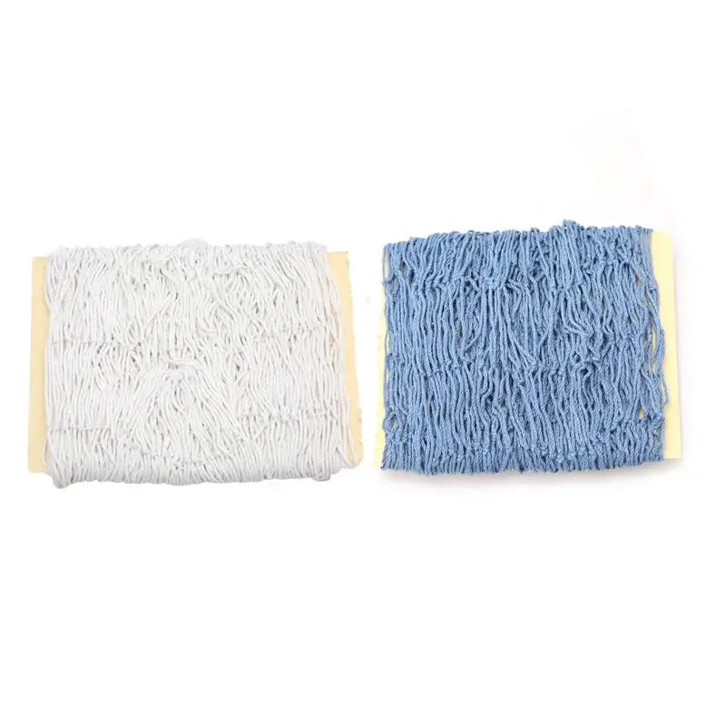 White and blue textured yarn bundles on yellow backing for DecorBites™ nautical theme wall fishing net decoration