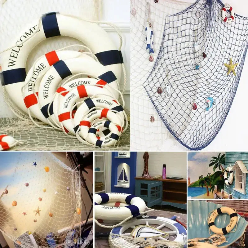 DecorBites™ nautical theme wall decor white life preserver with navy blue red stripes and welcome text for fishing net decoration