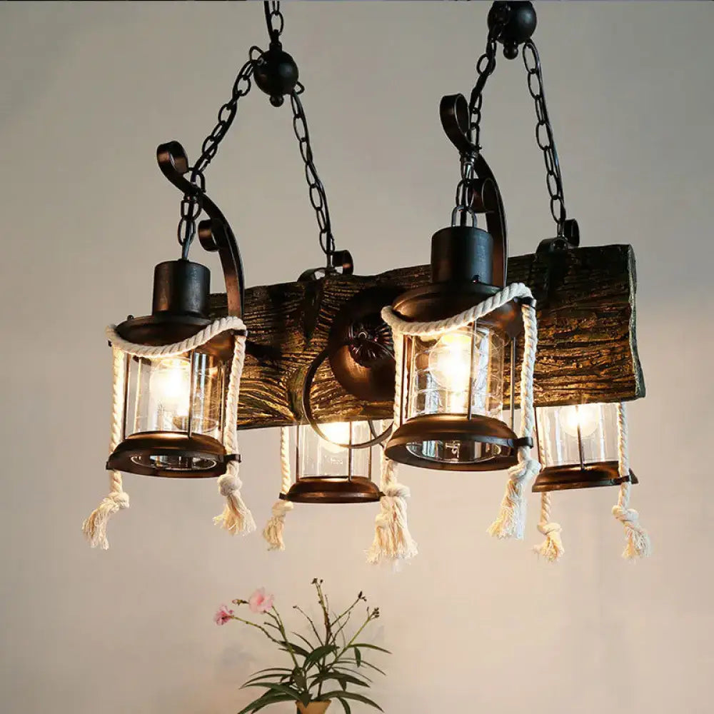 DecorBites™ nautical wood board black island lamp with three lanterns hemp rope and dark metal bulb base suspension lighting
