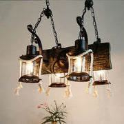 DecorBites™ nautical wood board black island lamp with three lanterns hemp rope and dark metal bulb base suspension lighting