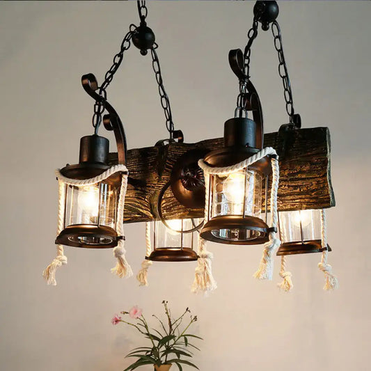 DecorBites™ nautical wood board black island lamp with three lanterns hemp rope and dark metal bulb base suspension lighting