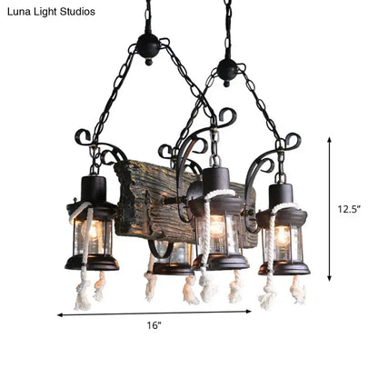 Decorbites™ nautical wood board black island lamp features a black wrought iron chandelier with hemp rope tassels and glass lanterns