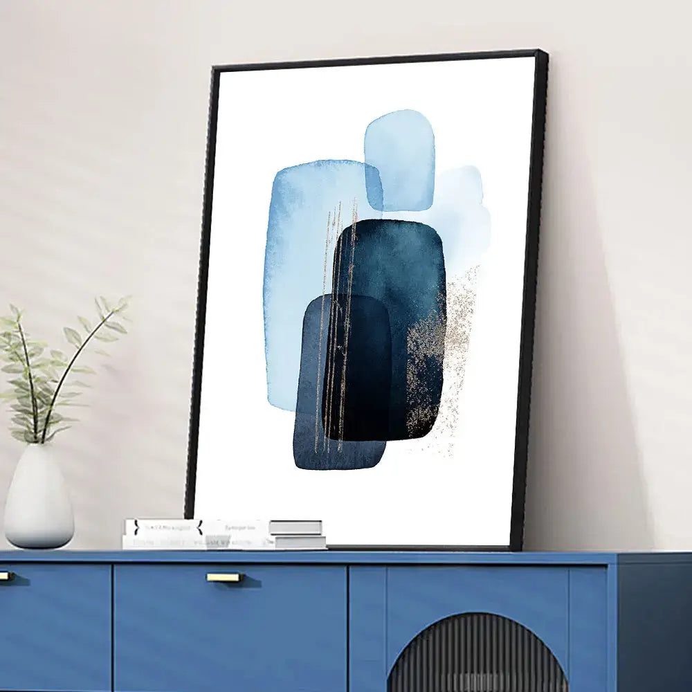 DecorBites™ navy blue geometric wall art set features modern abstract layered watercolor shapes with gold accents