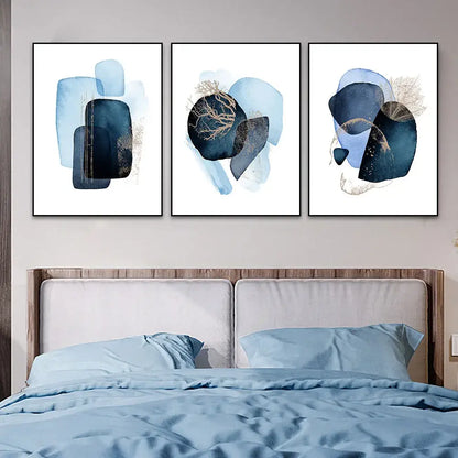 DecorBites™ navy blue geometric wall art set featuring three framed abstract pieces with layered shapes and gold leaf accents