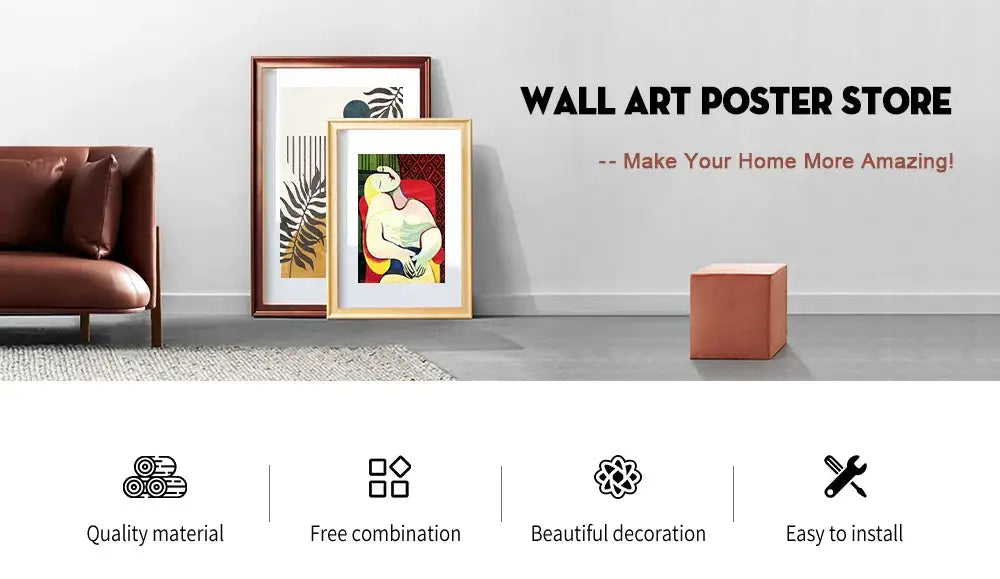 Two framed DecorBites™ navy blue geometric wall art posters featuring a colorful abstract figure and tropical leaves