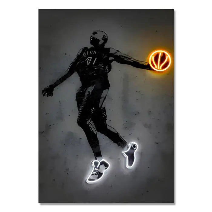 Decorbites nba basketball wall art featuring a neon-lit player silhouette with glowing orange ball on dark gray background
