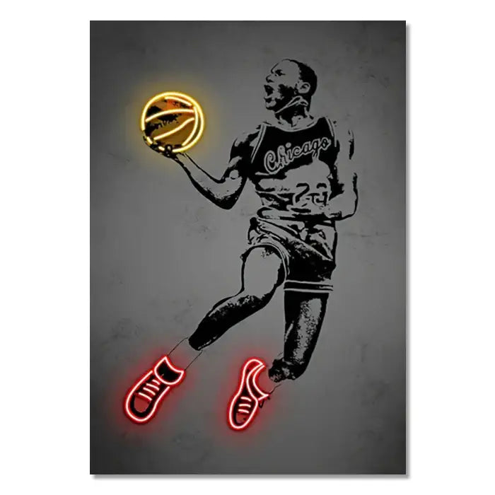 DecorBites™ NBA and soccer stars neon wall art poster with glowing yellow ball and red sneakers on gray background