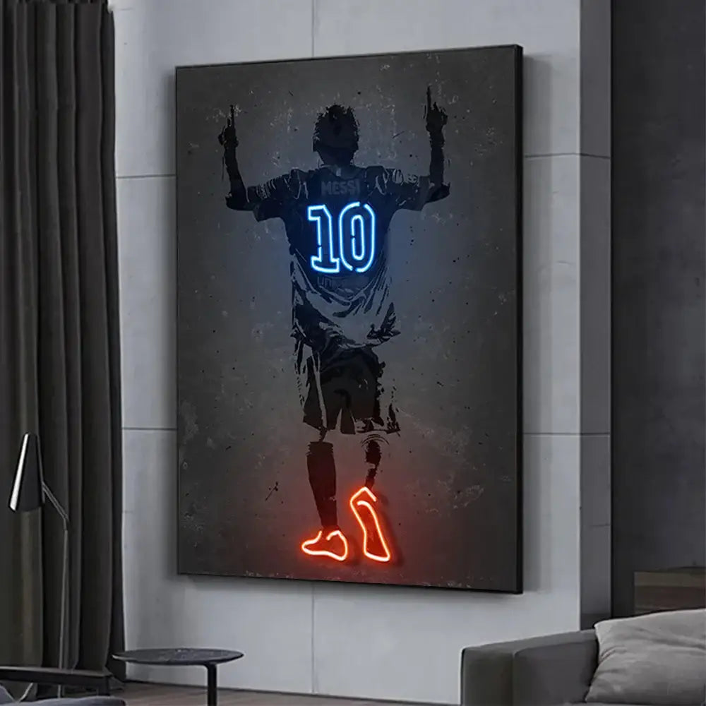 Neon-lit wall art featuring lionel messi silhouette with glowing blue and orange outlines in decorbites™ soccer stars neon collection