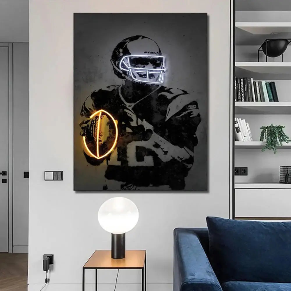 Neon-lit football player portrait canvas with glowing white helmet and golden neon ball decorbites™ soccer stars neon wall art