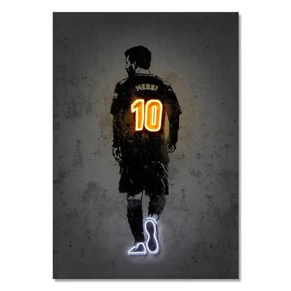 Neon-lit wall art featuring a soccer player in black jersey with glowing orange 10 and white outline shoes for soccer stars decor