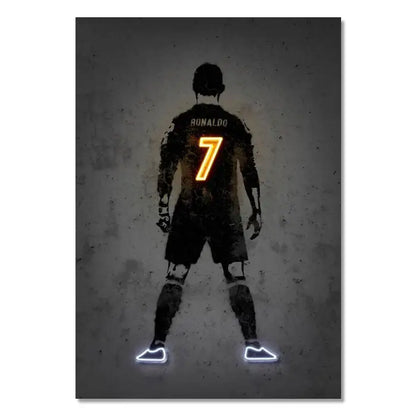 Stylized neon-lit DecorBites™ wall art of soccer star Ronaldo in black uniform with glowing orange number 7 on gray background