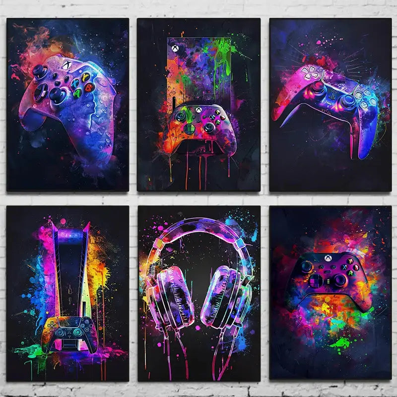 Set of six neon video game posters with splatter-painted xbox and playstation controllers for gamer room decor