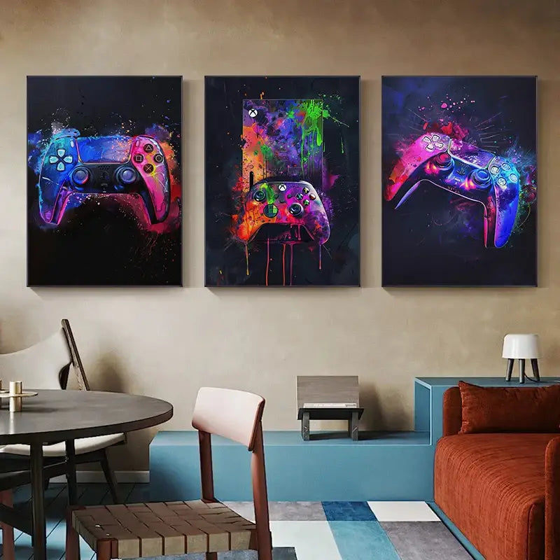 Three neon video game posters by decorbites featuring vibrant splatter-painted gaming controllers for gamer room decor