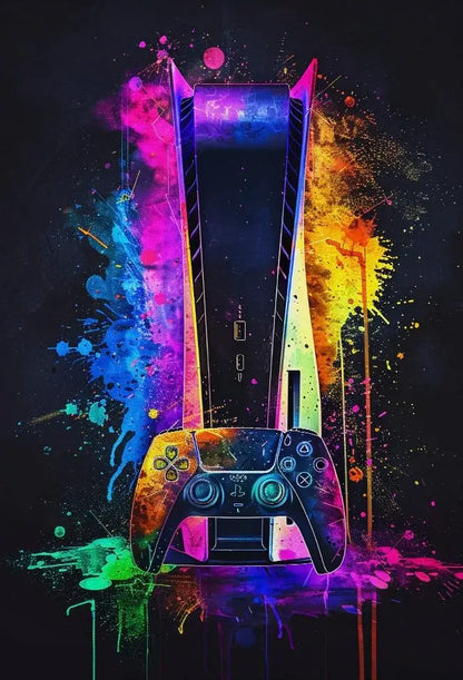 A vibrant neon video game playstation 5 console and dualsense controller with glossy black base and rainbow splashes for gamer room posters