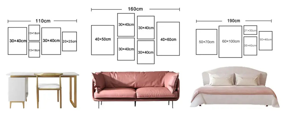 Pink upholstered sofa with matching throw pillows and slender metal legs beneath decorbites™ neutral canvas triptych wall art set