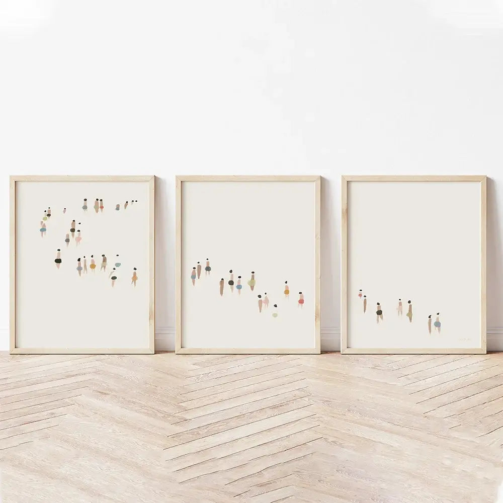 Three minimalist framed art prints featuring colorful abstract human figures on cream background in a decorbites™ wall art set
