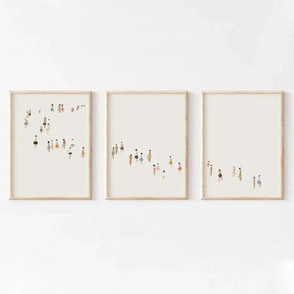 DecorBites™ neutral canvas wall art set of three minimalist framed prints with abstract human figures in earthy tones