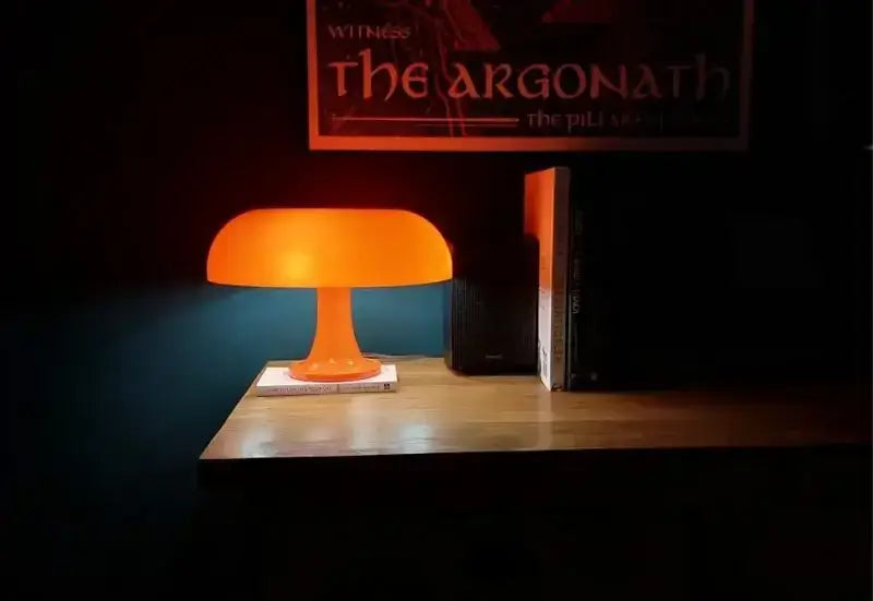 Orange led mushroom table lamp with smooth translucent plastic body for modern bedside and living room decoration
