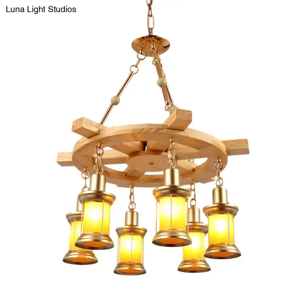 DecorBites™ Noemi golden lantern-style industrial pendant chandelier with wood ship wheel design and brass accents