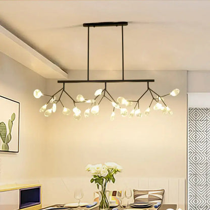 Modern black metal ceiling light with tree branch glass pendant and frosted globe bulbs for dining room decor