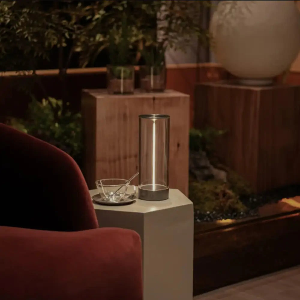 Decorbites™ nordic battery operated table lamp sleek cylindrical glass with metallic base and glowing interior light