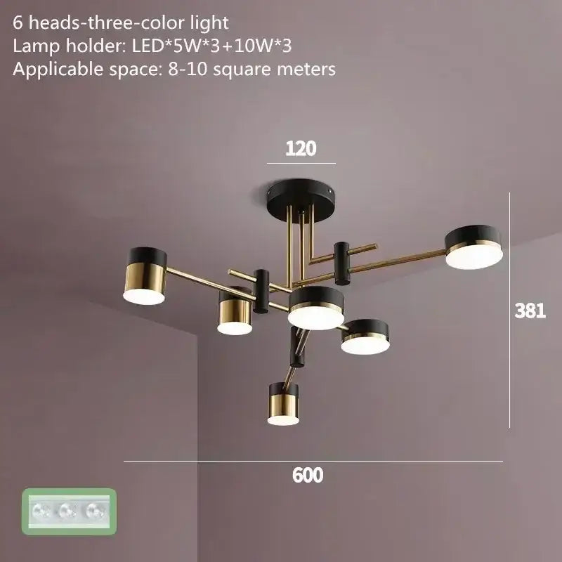 Modern pendant light with six adjustable led heads in nordic black gold finish for living room decor by DecorBites