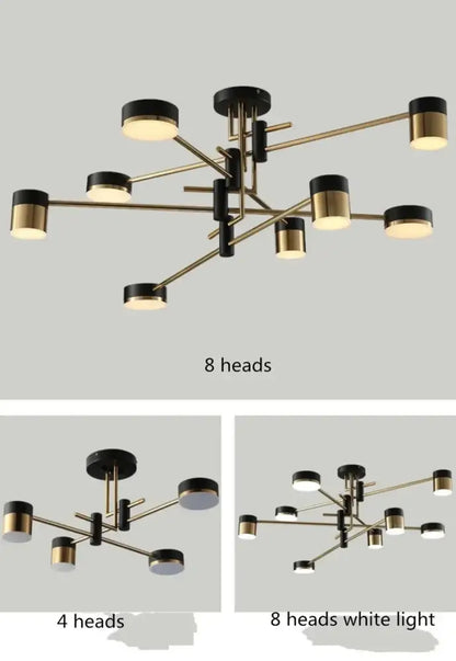 Decorbites™ nordic black gold pendant light with eight brass-toned cylindrical heads for living room lighting