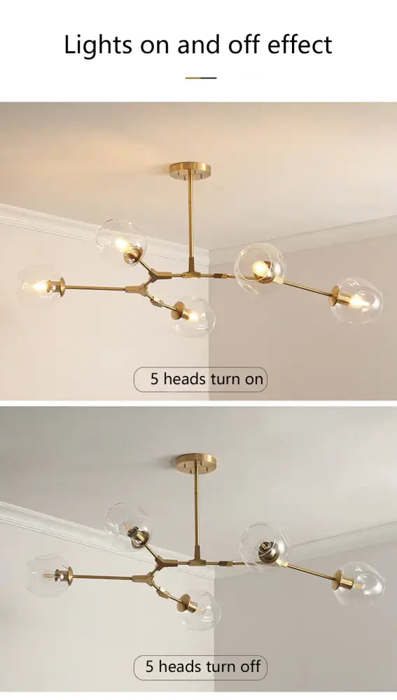Gold-toned DecorBites™ nordic chandelier with five clear glass globe lights hanging light fixture for living room