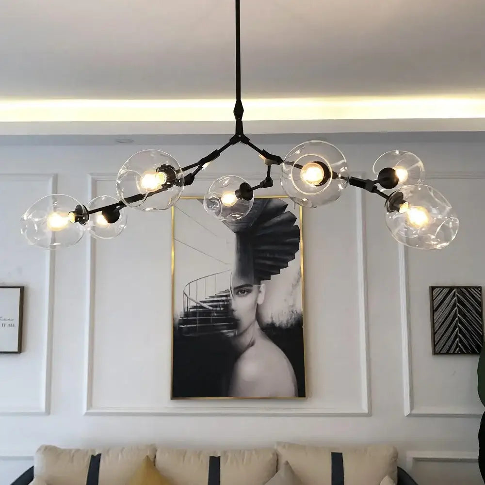 Modern black metal nordic chandelier with clear glass globe bulbs hanging light fixture for living room decor