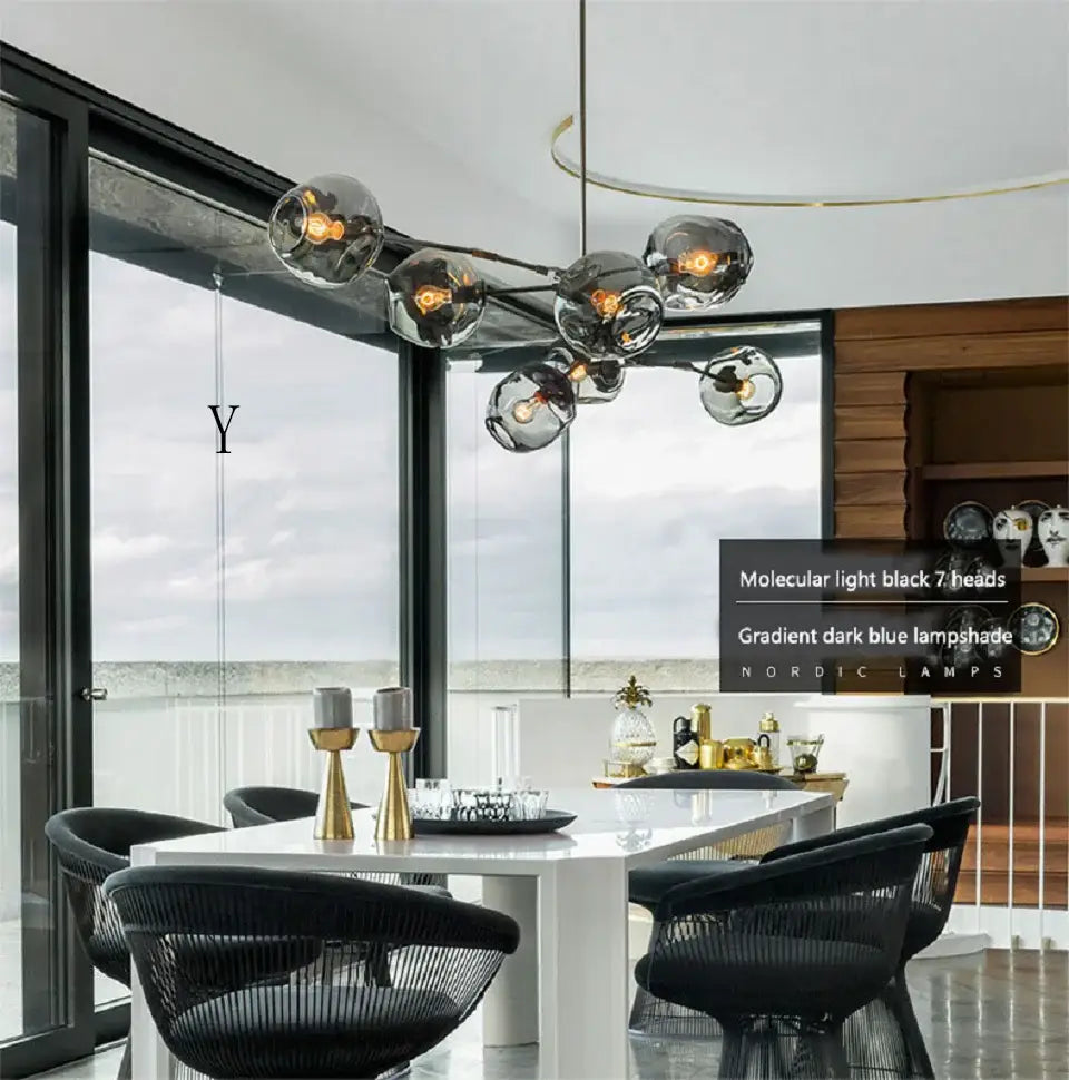 Molecular light black 7-bead nordic chandelier with gradient dark blue lampshades hanging light fixture for living room