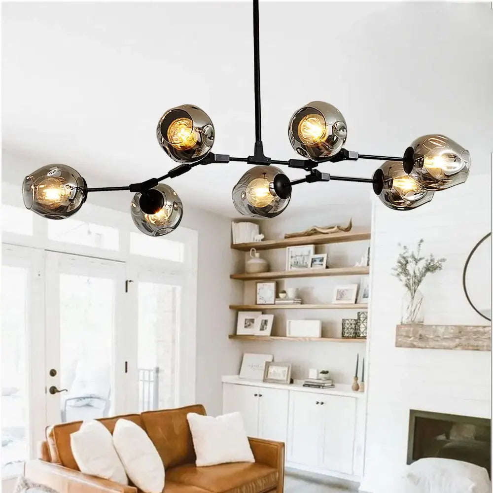 DecorBites™ modern black metal nordic chandelier with seven frosted glass globes for dining and living rooms