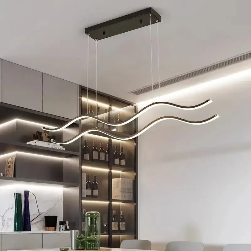 Modern minimalist nordic chandeliers with brushed metallic wave-shaped led strips for dining room lighting