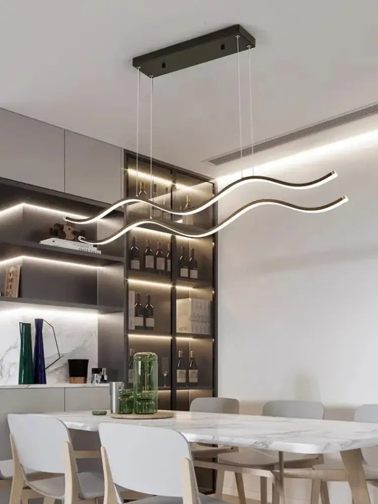Modern black rectangular pendant light with sleek wavy led arms providing soft white glow for dining room lighting nordic chandeliers