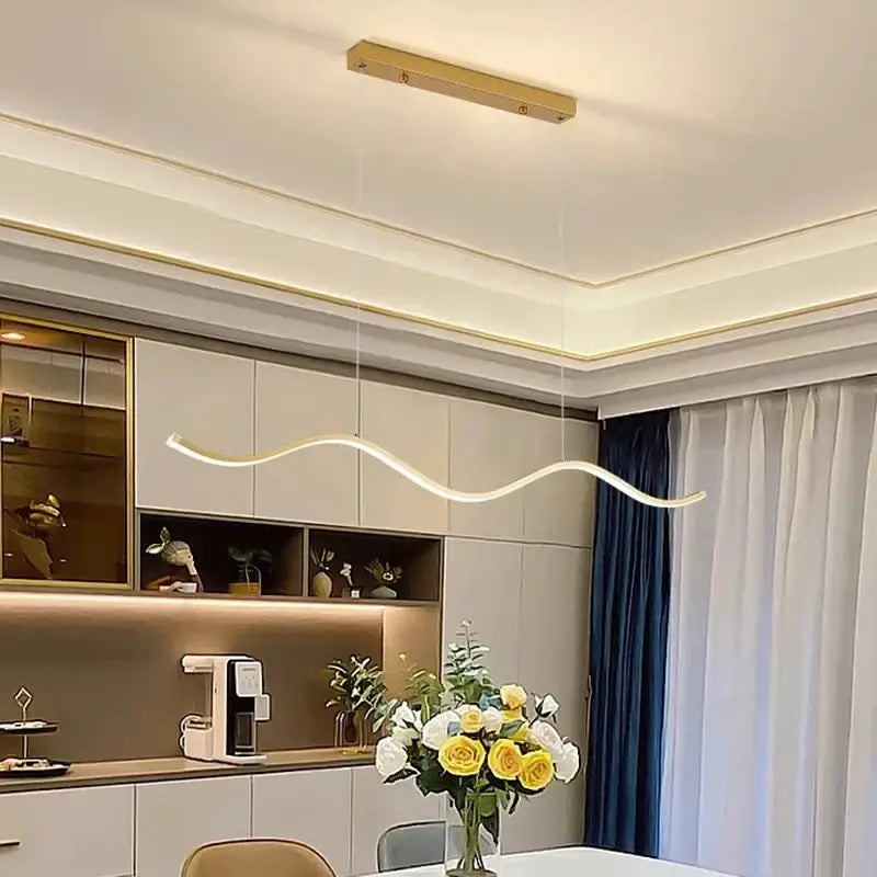 A decorbites™ nordic chandelier with sleek curved design and warm white led illumination for dining room lighting