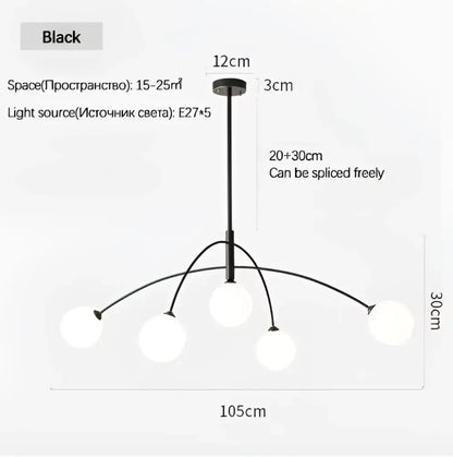 Decorbites™ nordic comet chandelier with five white glass globes and black metal frame for elegant home décor