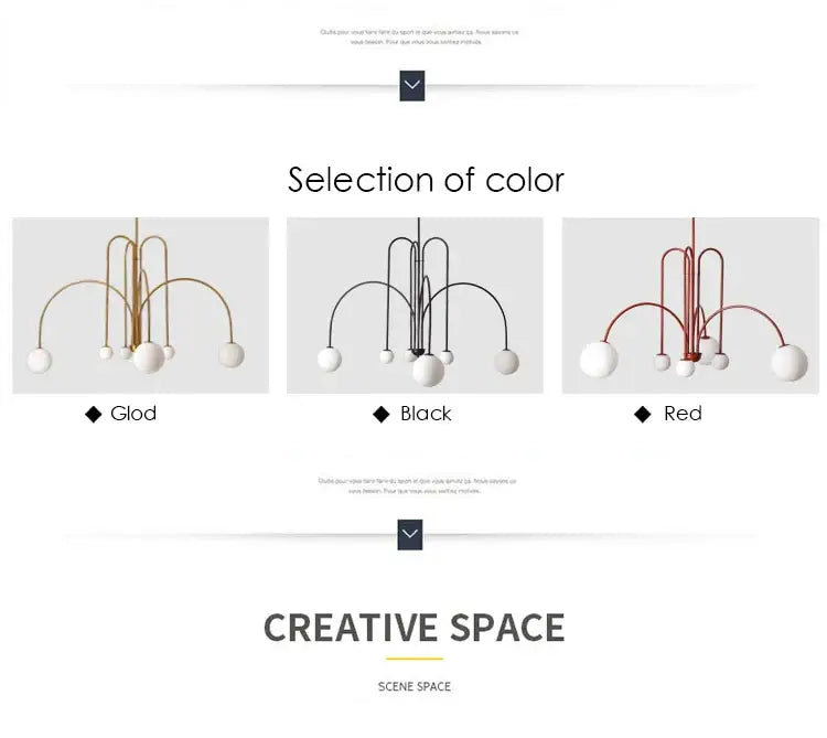 DecorBites™ nordic comet chandelier with curved metal arms and white glass shades in gold black or red finishes