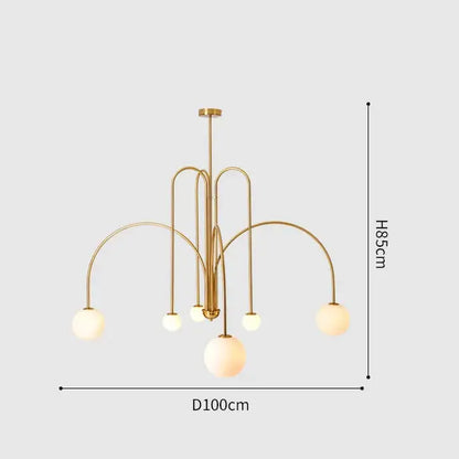 Gold-toned DecorBites™ Nordic comet chandelier with curved metal arms and frosted glass globe shades for elegant décor