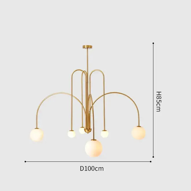 Gold-toned DecorBites™ Nordic comet chandelier with curved metal arms and frosted glass globe shades for elegant décor